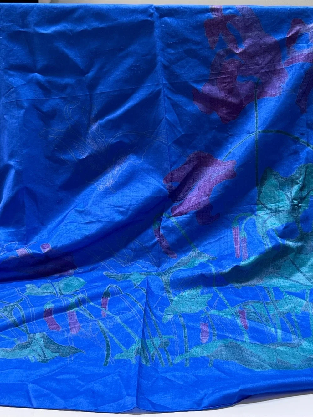 Vibrant Blue Floral Silk Scarf block printed stunning 35” by 36”